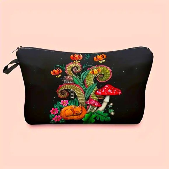 Cosmetic Bag Mushroom Makeup Pouch Travel Hippie Black Light Wonderland Trippy - Picture 1 of 2